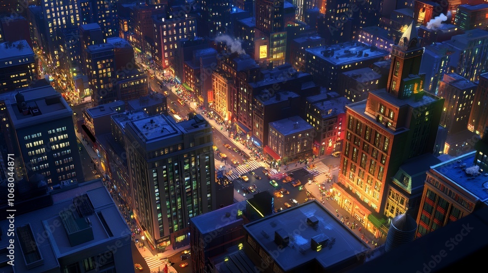An aerial view of a vibrant cityscape at night, with towering skyscrapers, bustling streets, and dynamic lighting casting long shadows across the buildings, enhancing the urban atmosphere. An aerial view of a vibrant cityscape at night, with towering skyscrapers, bustling streets, and dynamic lighting casting long shadows across the buildings, enhancing the urban atmosphere.