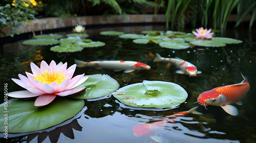 Koi fish swim in a pond with water lilies and lily pads.