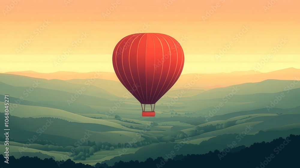 Hot Air Balloon Floating Over Green Valleys at Sunrise