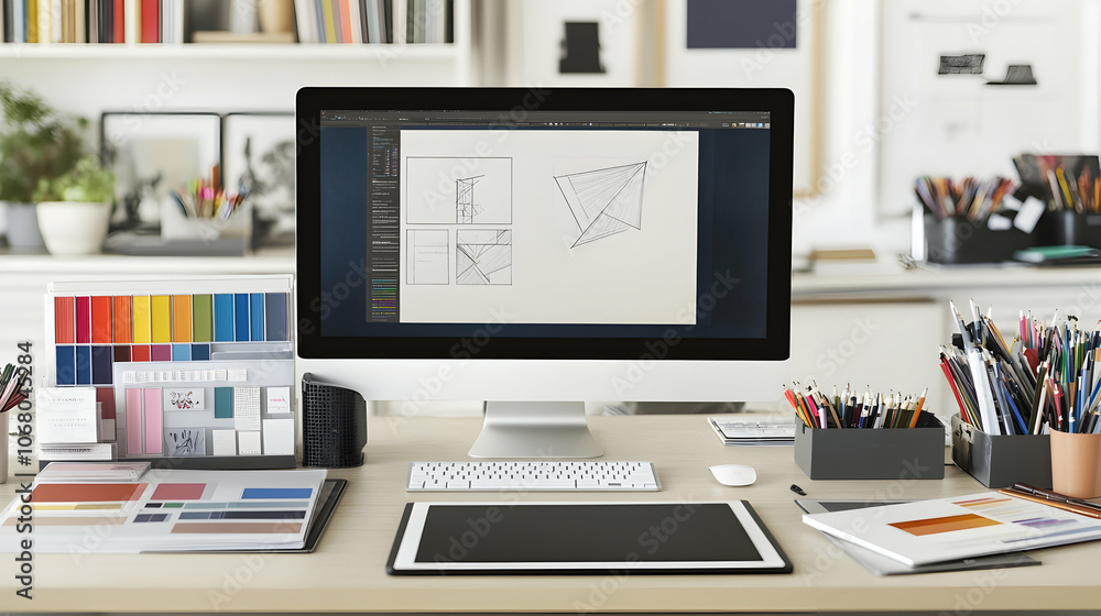 Modern minimalist workspace with desktop computer, tablet, and design tools. Modern minimalist workspace with desktop computer, tablet, and design tools.