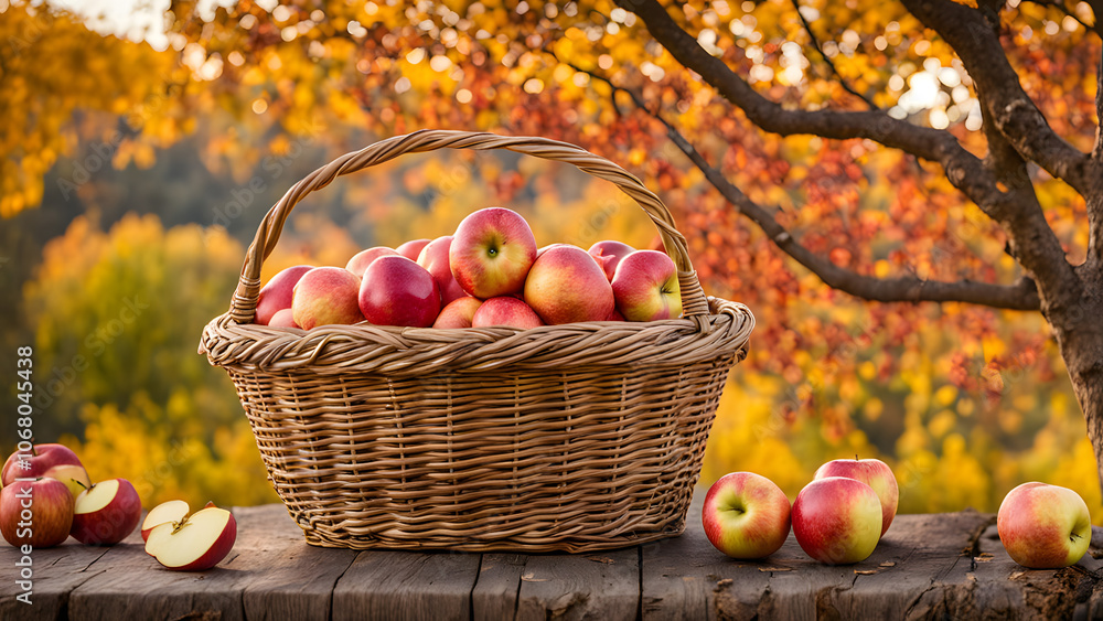 A basket of freshly harvested apples with a backdrop of orange red and yellow trees, Ai Generated A basket of freshly harvested apples with a backdrop of orange red and yellow trees, Ai Generated