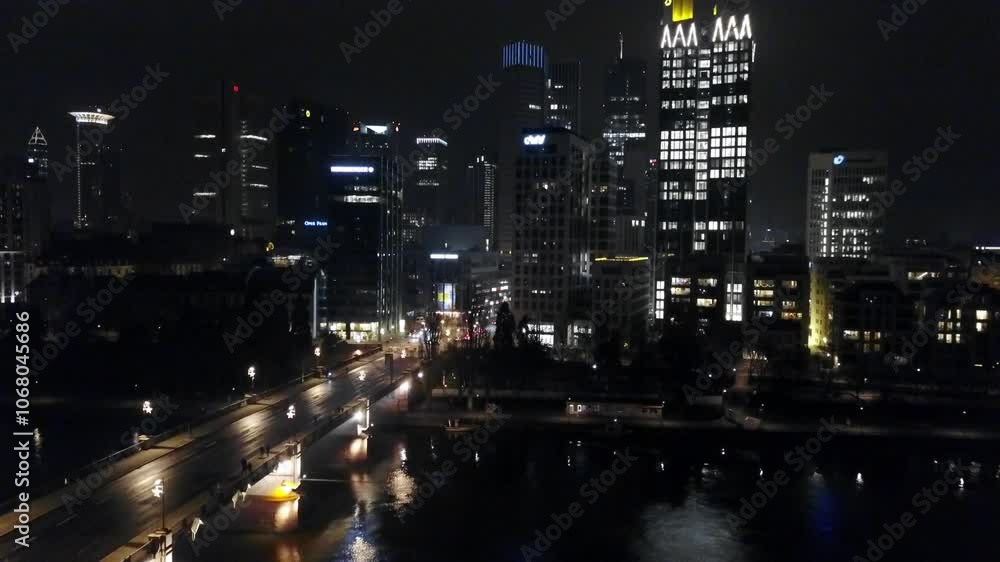lowering down tilting up to the skyscrapers of frankfurt am main at night lowering down tilting up to the skyscrapers of frankfurt am main at night