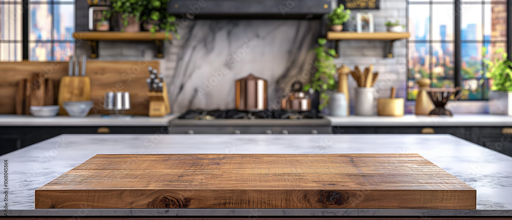  Wooden cutting board on marble kitchen island with modern decor and city view. Copy space. Generative AI	