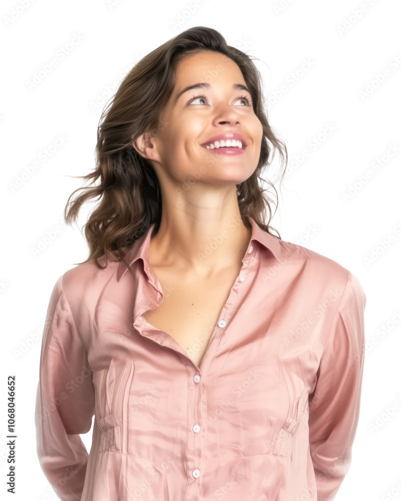 Smiling Woman in Light Pink Blouse Looking Upward on white background .PNG transparent. Smiling Woman in Light Pink Blouse Looking Upward on white background .PNG transparent.