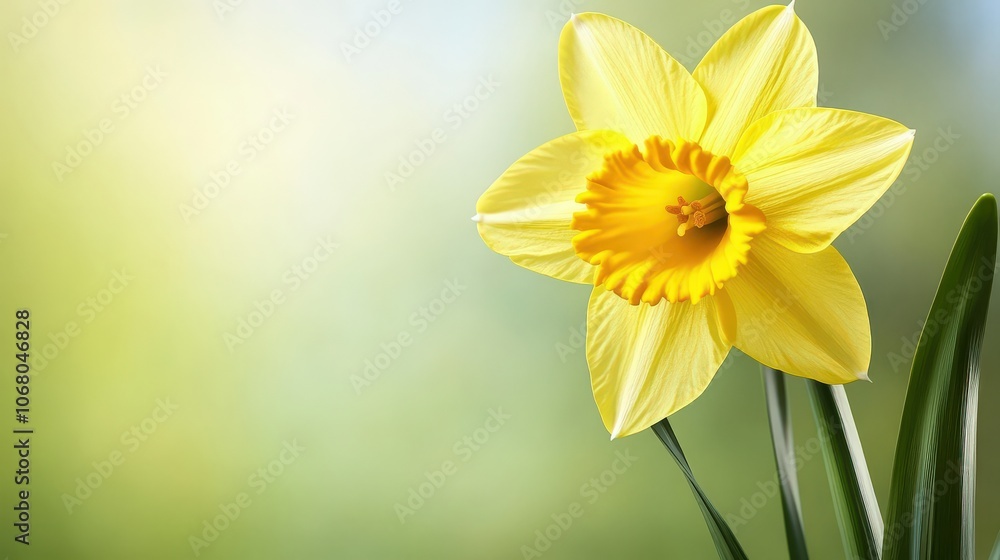 A single yellow daffodil in bloom against a blurred green background. A single yellow daffodil in bloom against a blurred green background.