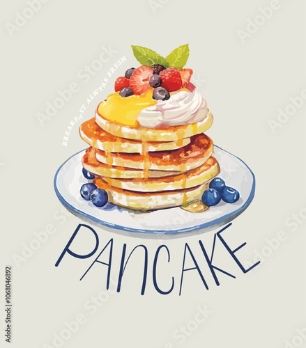 Pancakes watercolor Hand drawn illustration of delicious breakfast pancakes with honey and berries on white plate.