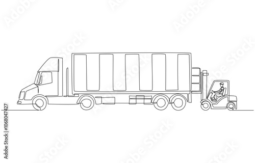 Continuous one line drawing of forklift loading goods into container truck, logistics, transportation and warehousing concept, single line art.