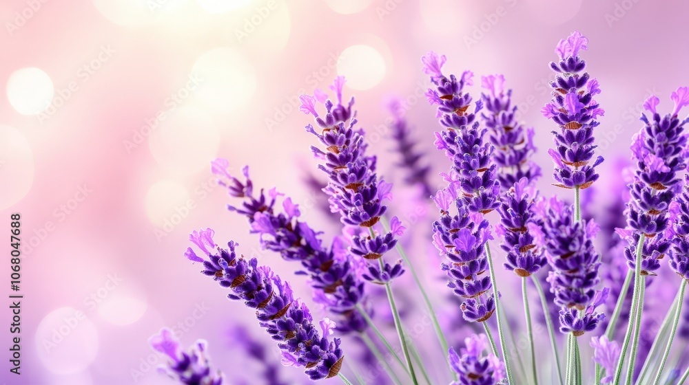 Close-up of purple lavender flowers with a soft, blurry pink background. Close-up of purple lavender flowers with a soft, blurry pink background.