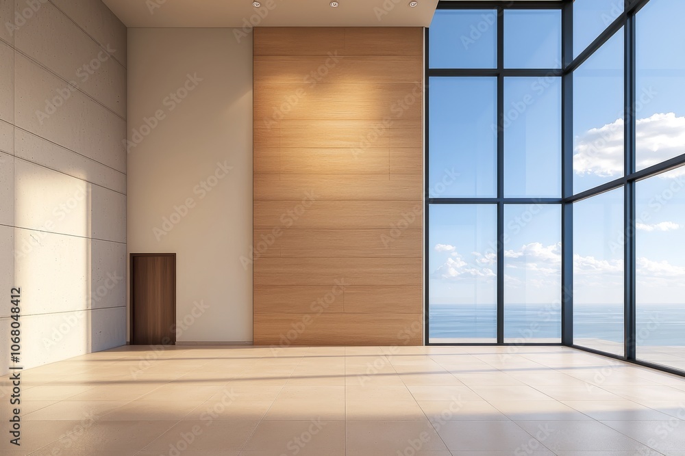 Spacious modern interior with ocean view windows Spacious modern interior with ocean view windows