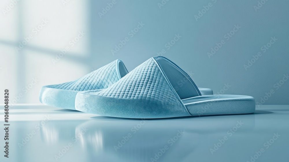 Elegant slippers in a light blue pastel, soft texture, on a clean background Elegant slippers in a light blue pastel, soft texture, on a clean background