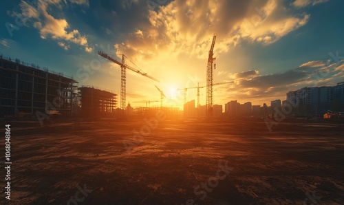 Fototapeta Naklejka Na Ścianę i Meble -  A breathtaking sunset casts a golden glow over a construction site, silhouetting cranes against a dramatic sky of clouds.