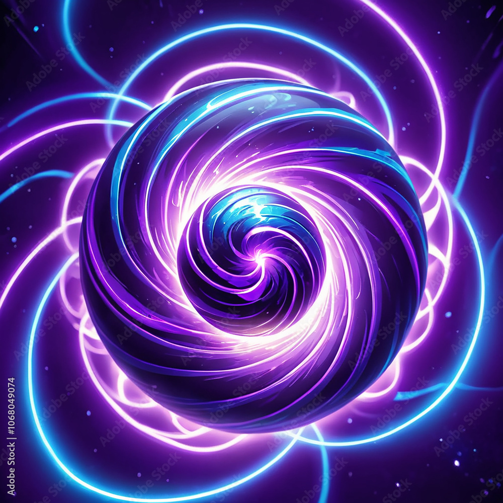 A swirling purple sphere with glowing neon blue and pink light trails in the background, creating an abstract and dynamic composition. A swirling purple sphere with glowing neon blue and pink light trails in the background, creating an abstract and dynamic composition.