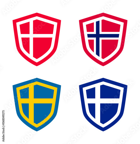 vector set of shield icon badge - flag nation (denmark, norway, sweden, finland)
