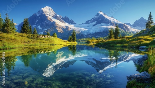 Snow-capped mountains reflecting in a crystal-clear alpine lake at sunrise