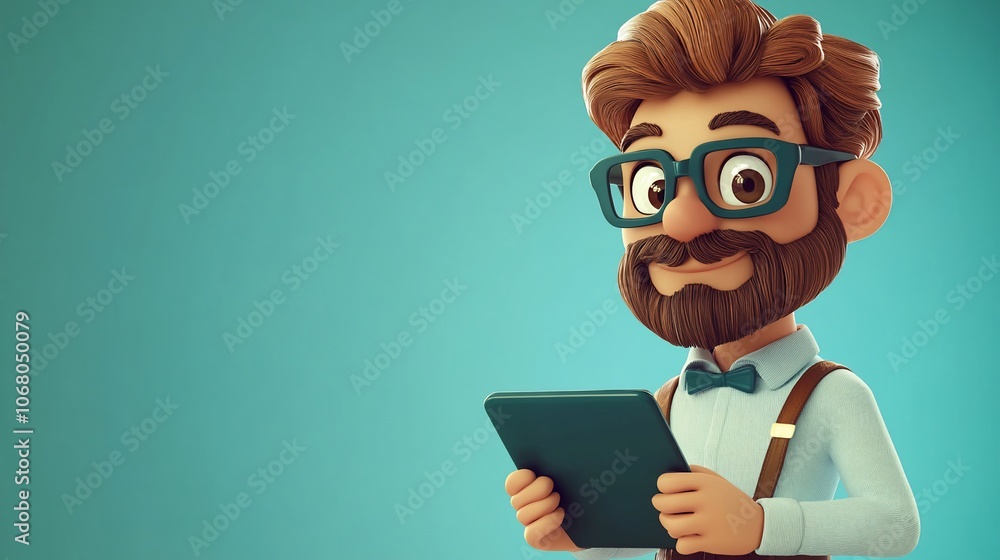A cartoon man with a beard, glasses, and suspenders is looking at a tablet. A cartoon man with a beard, glasses, and suspenders is looking at a tablet.