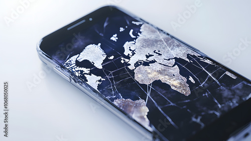 A shattered smartphone screen with a world map visible, representing global digital fragility and interconnected vulnerabilities
