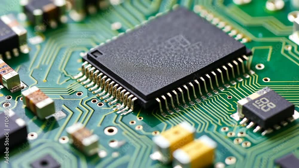 A close-up view of a computer chip soldered to a green circuit board A close-up view of a computer chip soldered to a green circuit board
