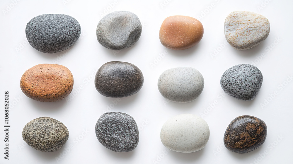 pebbles neathly on white background. one pebble in each photograph pebbles neathly on white background. one pebble in each photograph