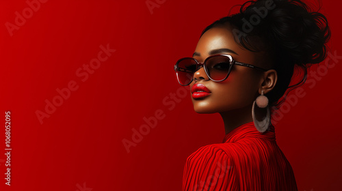 Stylish woman in sunglasses and red outfit against red background