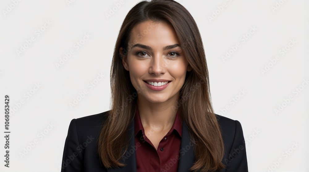 Headshot portrait of young happy businesswoman casual attire isolated on white background Headshot portrait of young happy businesswoman casual attire isolated on white background