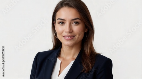 Headshot portrait of young happy businesswoman casual attire isolated on white background