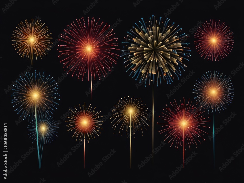 Naklejka premium abstract fireworks background and space.Vibrant Splashes in the Night Sky: Captivating Long Exposure Fireworks Display,firework on dark background