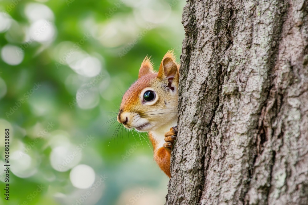 Red Squirrel Peeking From Behind Tree Trunk Red Squirrel Peeking From Behind Tree Trunk