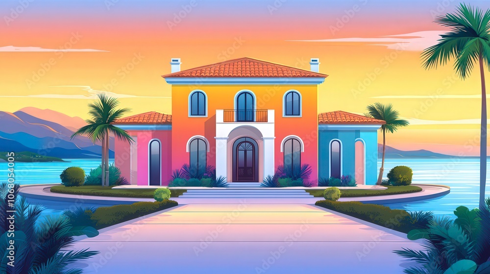Obraz premium Charming Mediterranean Villa by the Sea at Sunset