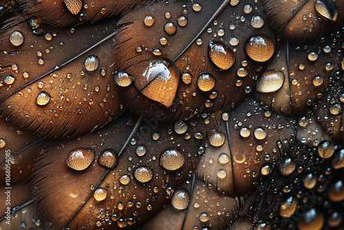 golden brown feather macro with water droplets