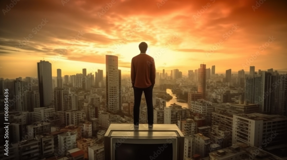 Man Standing on a Rooftop Overlooking a Cityscape Man Standing on a Rooftop Overlooking a Cityscape