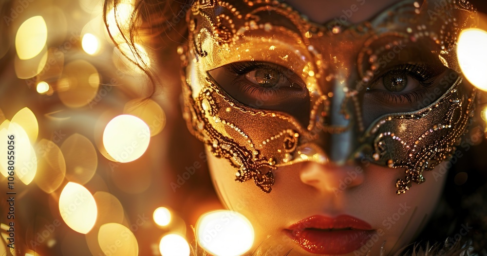 Close-up portrait of a beautiful girl in a Venetian mask and golden bokeh Close-up portrait of a beautiful girl in a Venetian mask and golden bokeh