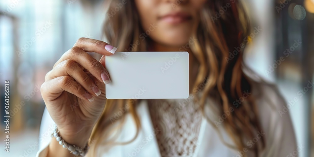 Close-up of businesswoman holding blank business card. Mock up Close-up of businesswoman holding blank business card. Mock up