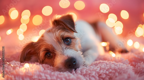 Brown and white puppy laying down surrounded by soft glowing lights against a pink warm background photo