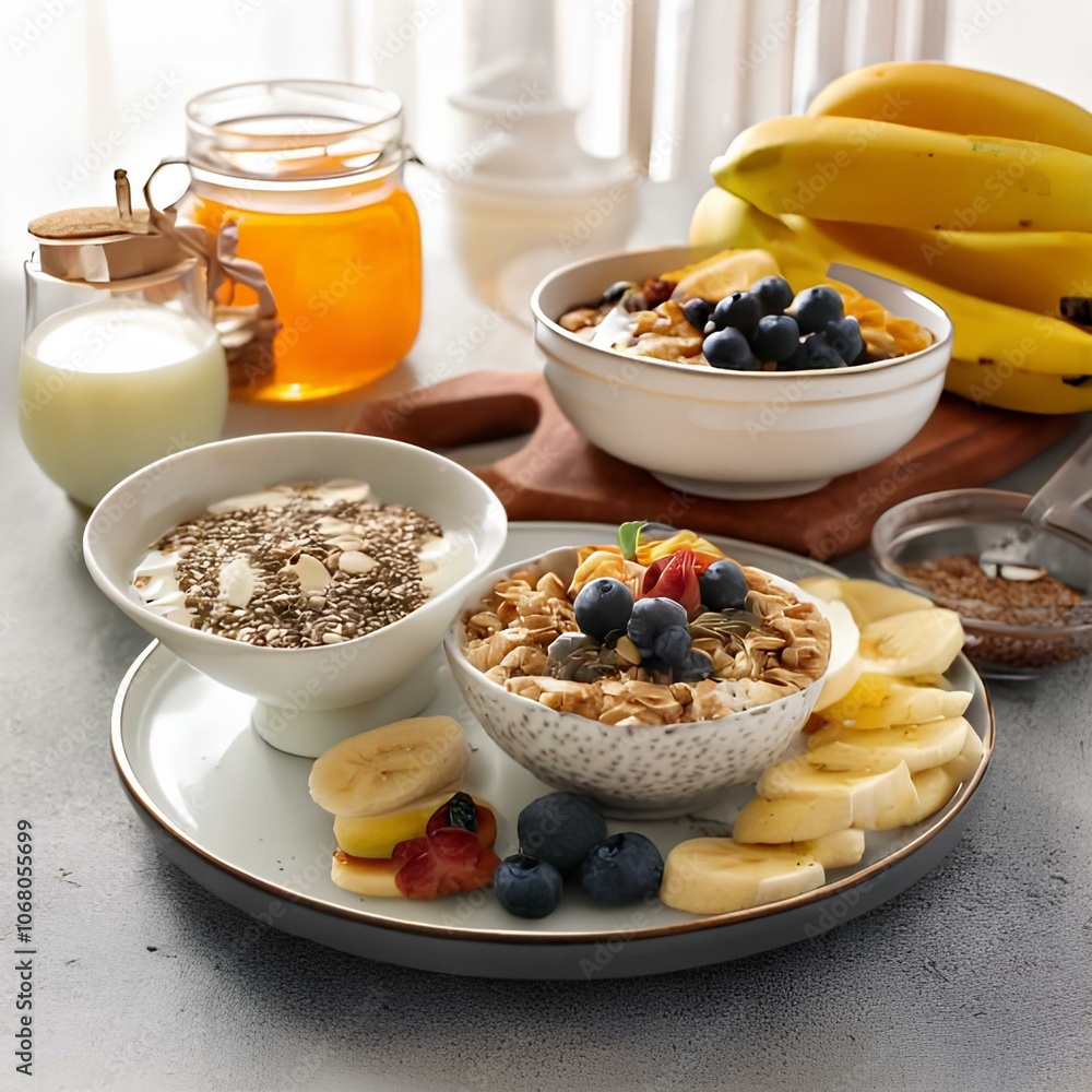 Beautifully Arranged Breakfast with Yogurt, Fresh Berries, Chia Seeds, Granola, and Oatmeal with Banana and Honey
Beautifully Arranged Breakfast with Yogurt, Fresh Berries, Chia Seeds, Granola, and Oatmeal with Banana and Honey