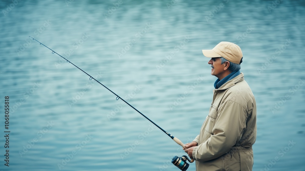 Tranquil moment of a man fishing by the calm waters on a peaceful morning Tranquil moment of a man fishing by the calm waters on a peaceful morning