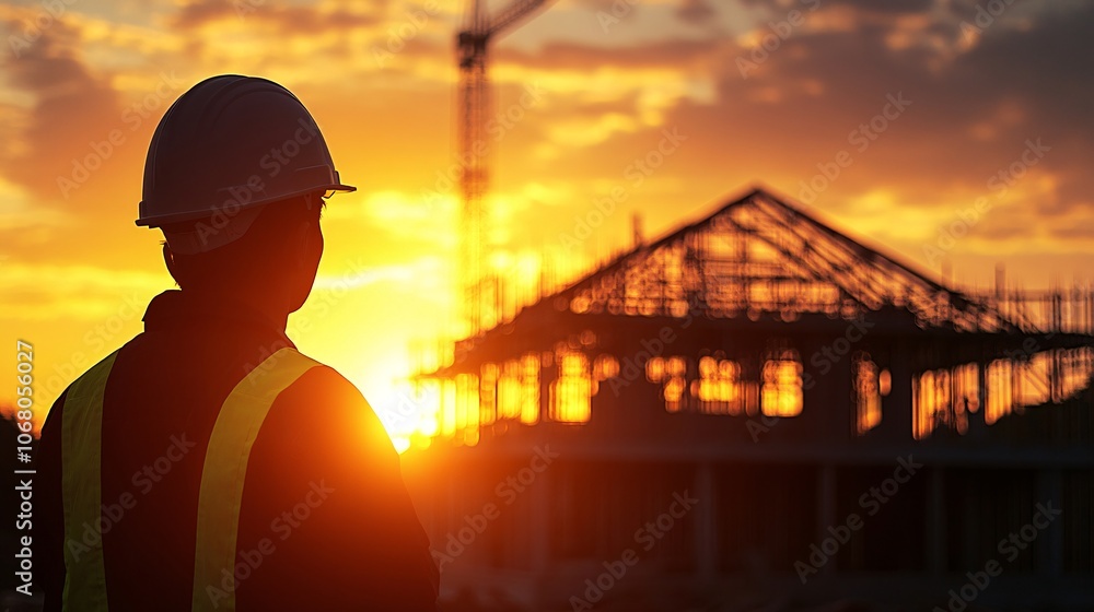 Fototapeta premium 25.Silhouette of an architect helmet with a house structure in the background, glowing sunset, intricate details of scaffolding and beams, atmospheric construction site, deep shadows and warm light