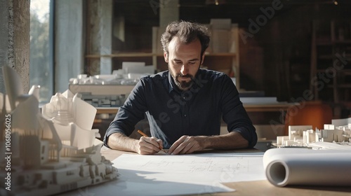 32.Engineer architect sketching blueprints for a new building, surrounded by rolled-up plans, meticulous details, scale models in the background, natural light streaming in, organized and creative