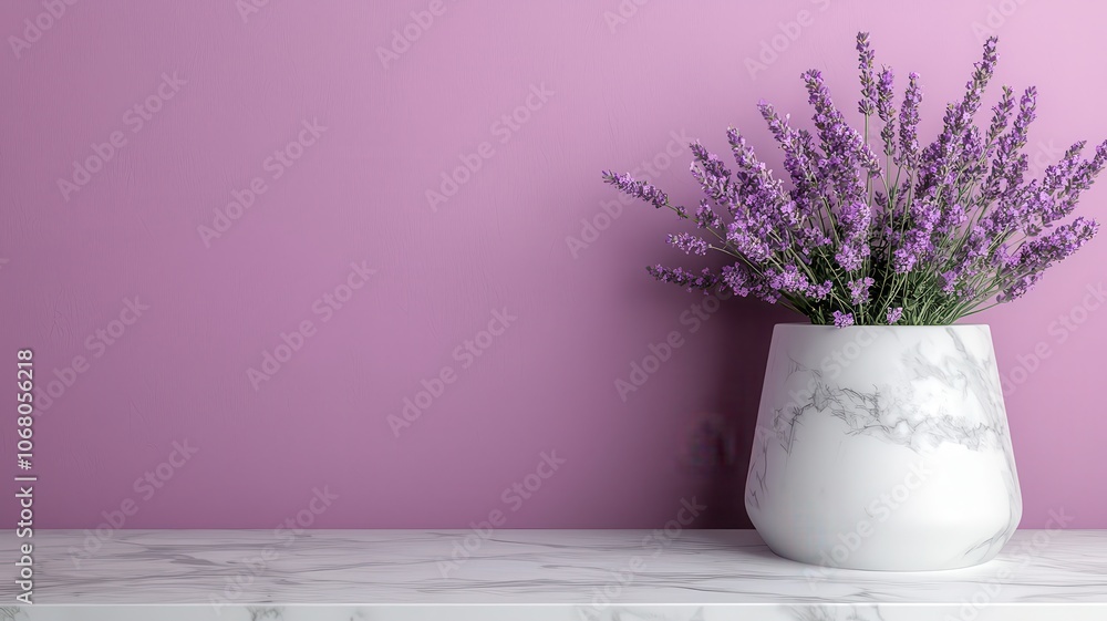 Fototapeta premium A simple vase of lavender flowers against a soft pink wall, creating a calming and elegant decor aesthetic.