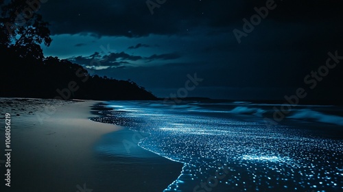 66.Sparkling bioluminescence illuminating the shores of Jervis Bay, shimmering blue lights in the water, dark night sky above, soft waves gently lapping at the shoreline, serene and magical atmosphere photo