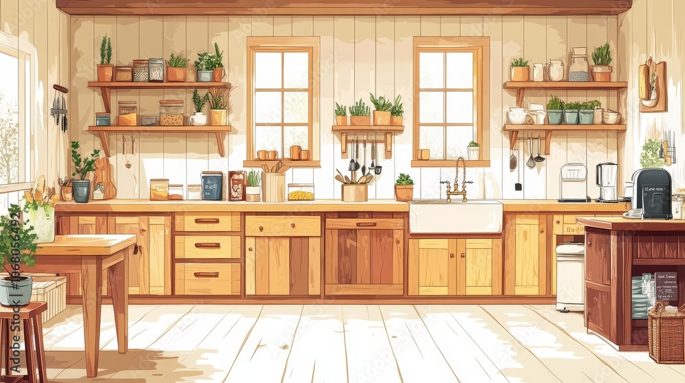 Fototapeta premium Rustic Farmhouse Kitchen with Exposed Wood and Vintage Decor