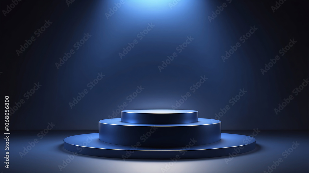 Fototapeta premium Blank metallic podium with dark blue gradients and gentle lighting. Created with generative AI technology