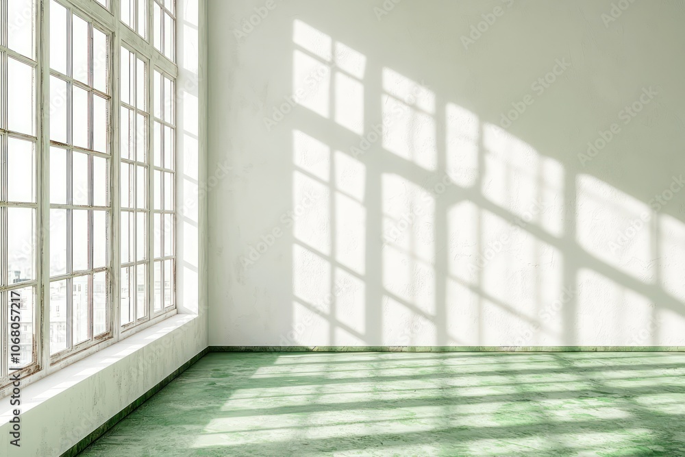 Daylit room with a white wall and rustic green flooring, featuring segmented windows. Daylit room with a white wall and rustic green flooring, featuring segmented windows.