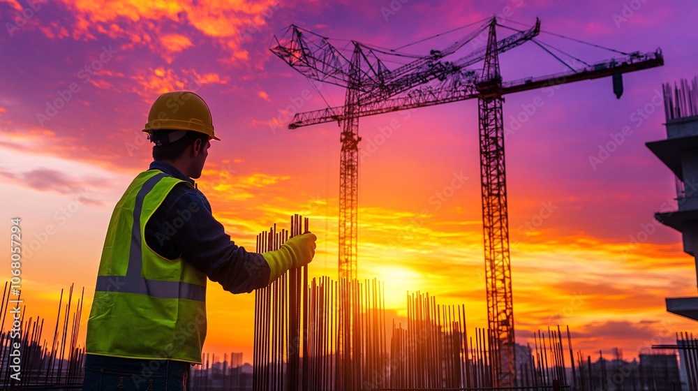 27.Worker handling steel rebar with gloved hands, yellow hard hat and high-visibility vest, vivid sunset sky with orange and purple hues, silhouette of cranes in the background, intense construction 27.Worker handling steel rebar with gloved hands, yellow hard hat and high-visibility vest, vivid sunset sky with orange and purple hues, silhouette of cranes in the background, intense construction