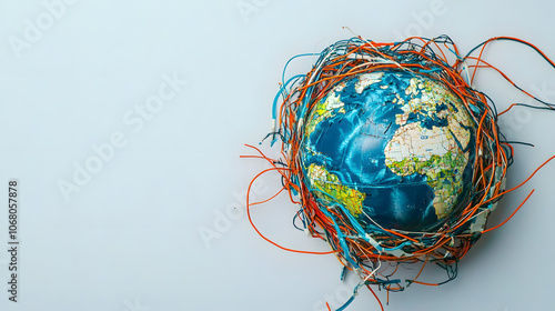 A globe surrounded by tangled and broken communication wires, symbolizing disrupted global connections and internet issues 