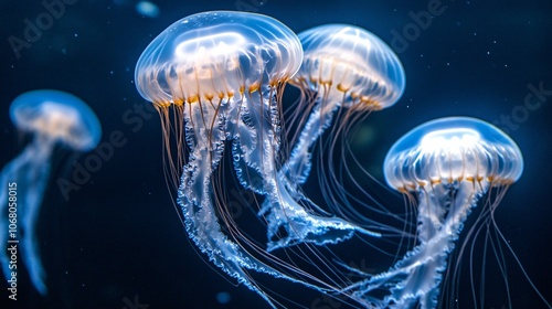 88.Cluster of Moon Jellyfish gliding through calm waters, semi-transparent bodies glowing under soft light, delicate tentacles trailing behind, mesmerizing patterns, serene and dreamlike atmosphere