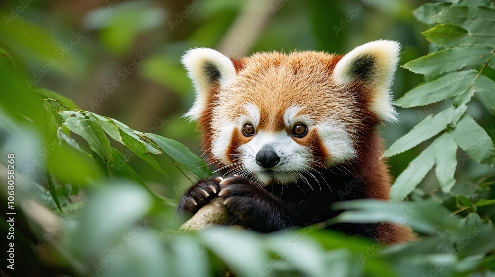 71.Red panda nestled among lush green foliage, soft fur and gentle expression, warm reddish-brown tones, tiny paws grasping a branch, peaceful and inviting forest atmosphere 71.Red panda nestled among lush green foliage, soft fur and gentle expression, warm reddish-brown tones, tiny paws grasping a branch, peaceful and inviting forest atmosphere