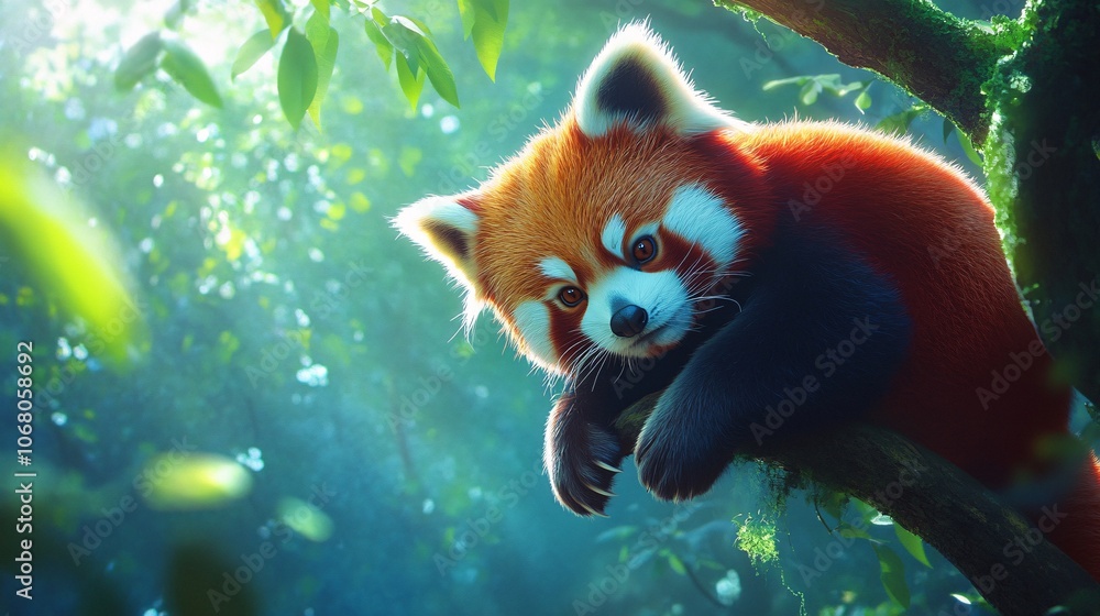 73.Adorable red panda perched on a branch, soft fur with vibrant colors, peaceful forest background, delicate claws gripping the tree, curious and relaxed demeanor, lush greenery around 73.Adorable red panda perched on a branch, soft fur with vibrant colors, peaceful forest background, delicate claws gripping the tree, curious and relaxed demeanor, lush greenery around