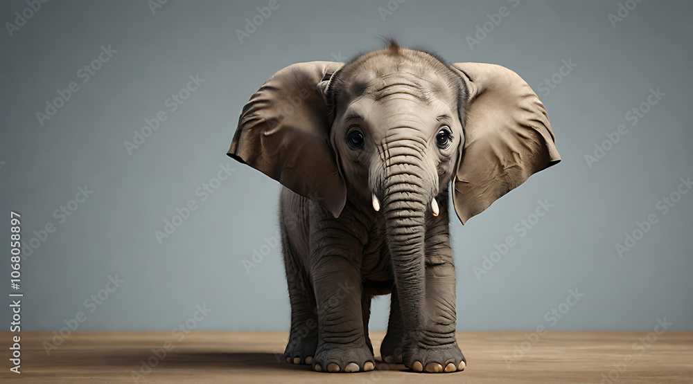 Fototapeta premium Pouting Baby Elephant with Droopy Ears and Sad Eyes, Isolated on Plain Background for Adorable Appeal