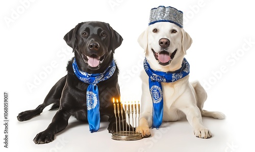 Black Labrador and white Labrador wearing blue kippas photo