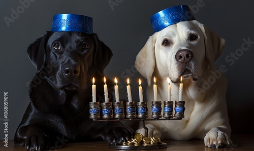 Black Labrador and white Labrador wearing blue kippas photo